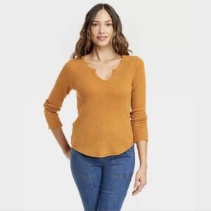 Knox Rose Womens Long Sleeve Waffle Knit Top Mustard Yellow Size 1X